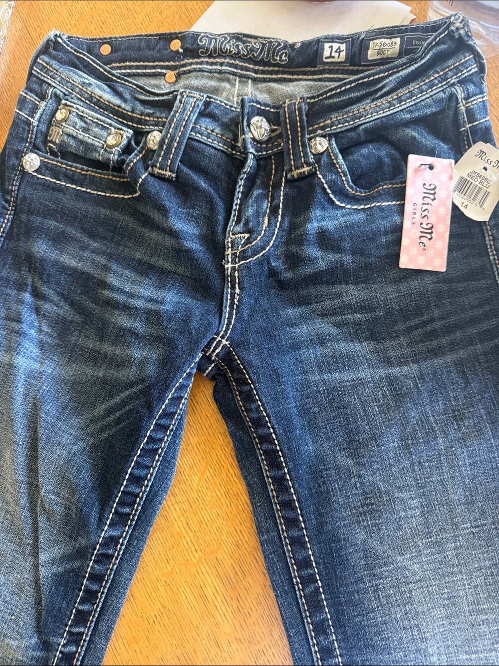 Miss Me Girls Dark Blue Bootcut Jeans with Contrast Stitching